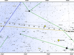 Vyhľadávacia mapka kométy 45P/Honda-Mrkos-Pajdušáková (čiara s dátumami) v súhvezdí Býka. Modrou je vyznačený galaktický rovník a žltou ekliptika.